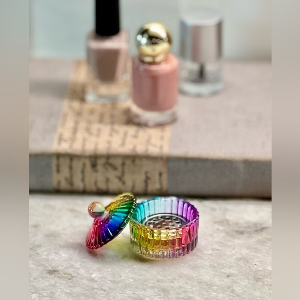 New MINI Fluted Rainbow Glass Nail Art Manicure Trinket Bowl Dish w/ Lid - 1.5” - Picture 5 of 9